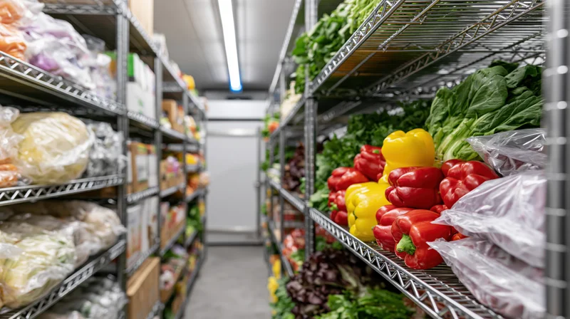 Walk-in refrigerator interior with metal shelves stocked with fresh vegetables and produce in an aisle view