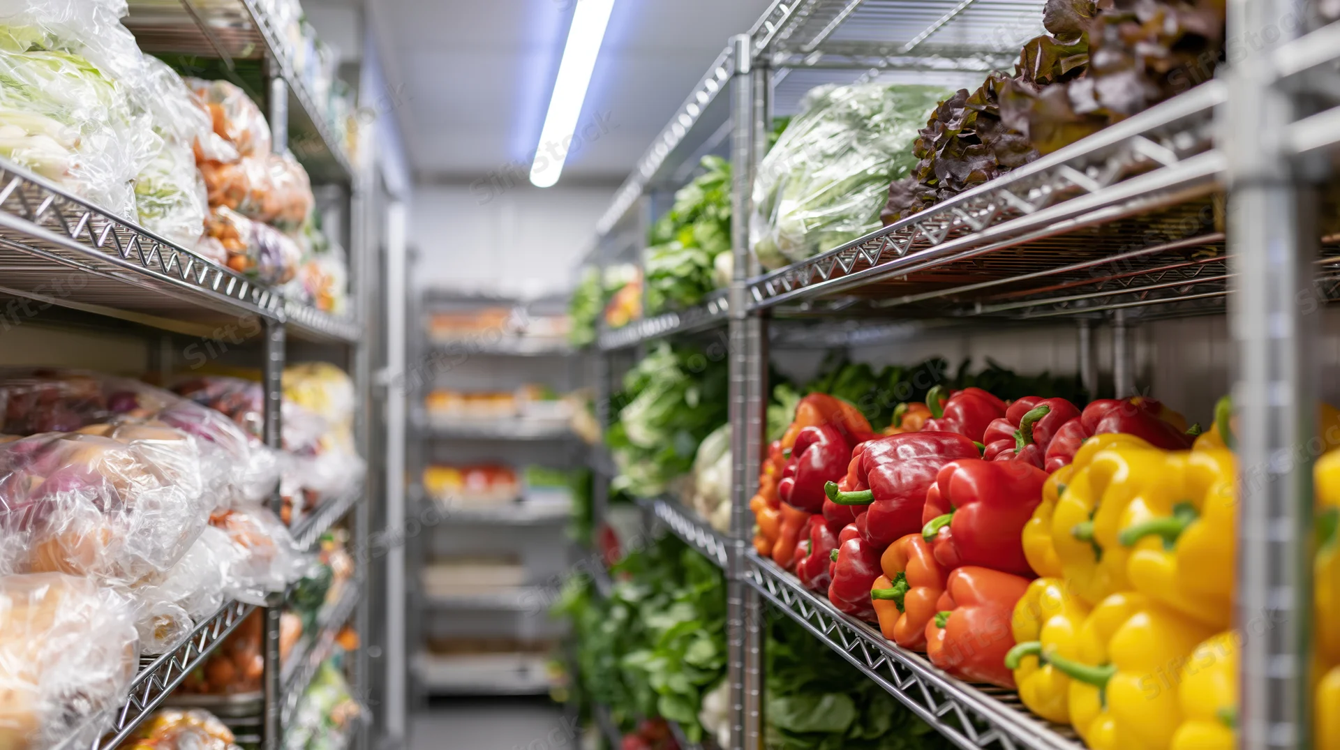 Walk-in refrigerator filled with fresh vegetables on metal shelves