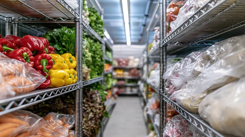 Produce displayed on metal shelves inside a commercial walk-in refrigerator