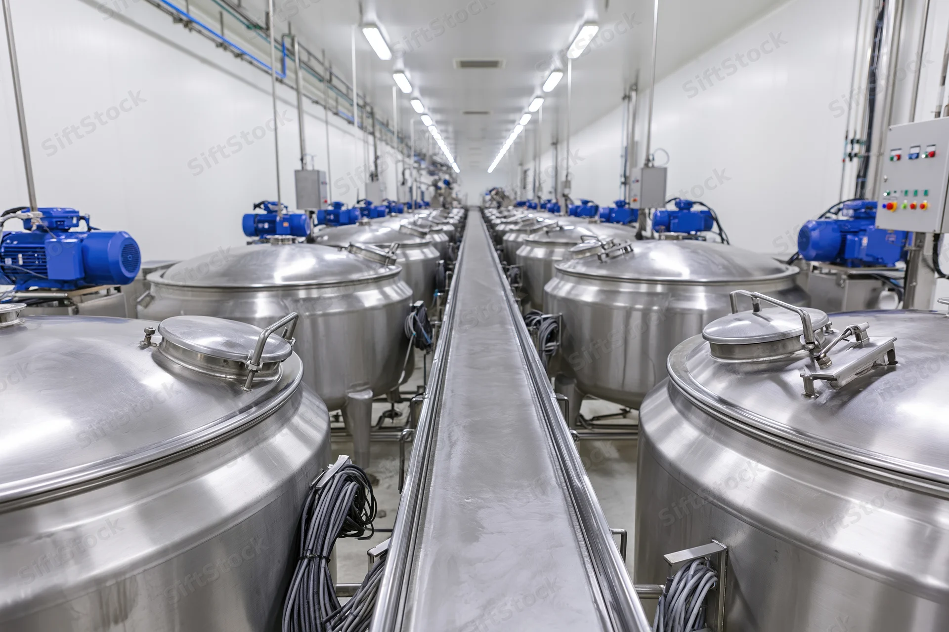 Rows of stainless steel fermentation tanks in a clean industrial food processing facility
