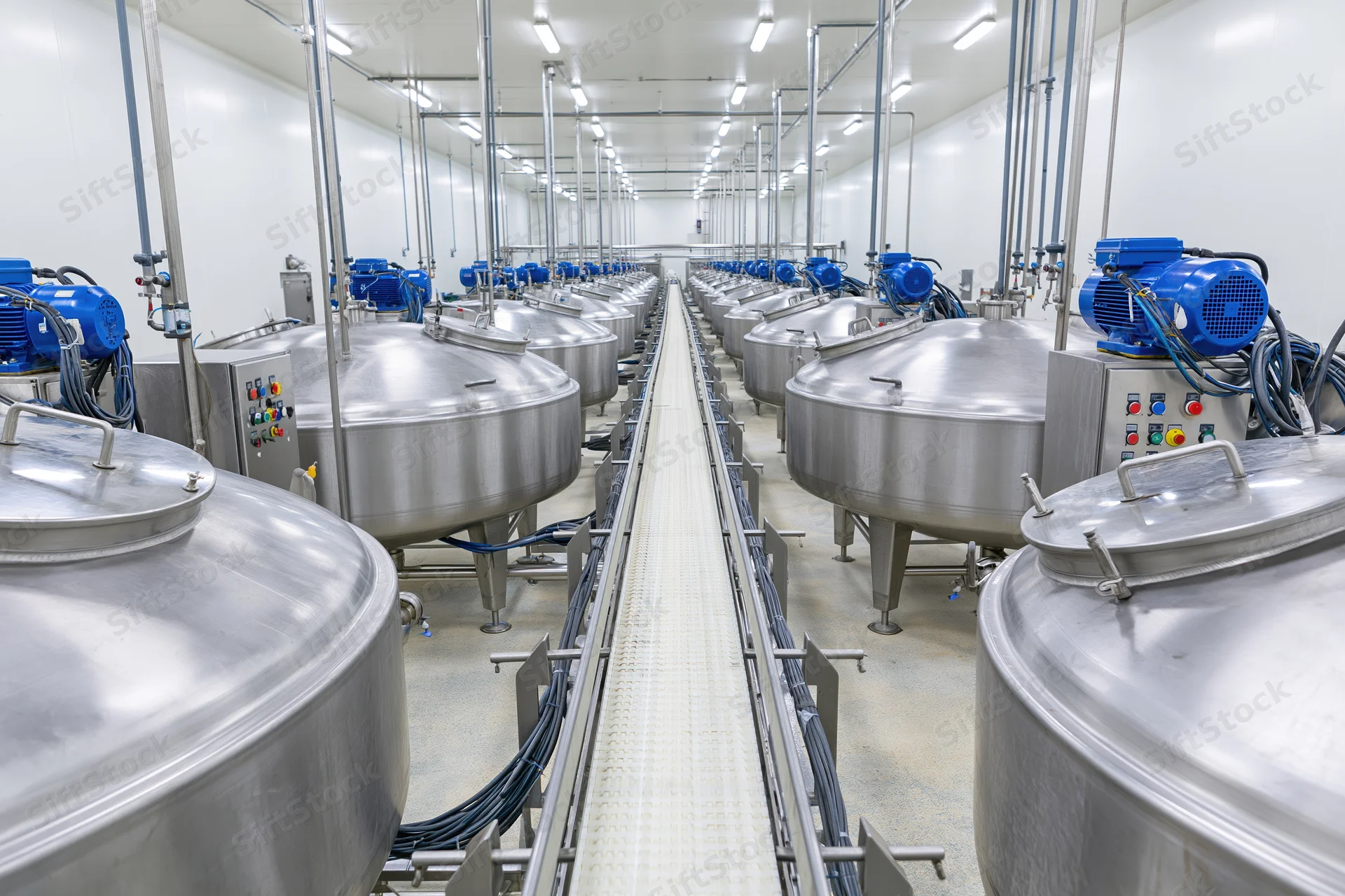 Rows of stainless steel fermentation tanks in a clean industrial food processing facility with conveyor belt and overhead lighting