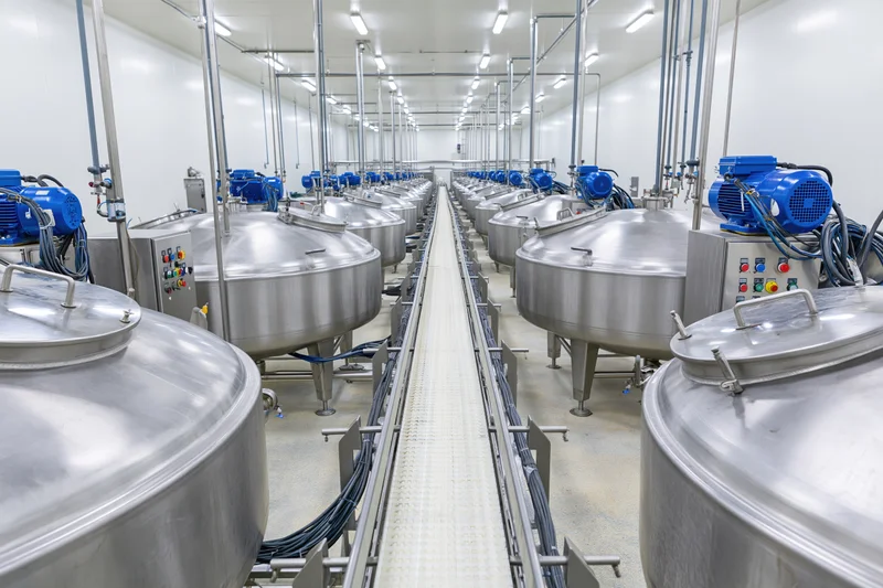 Rows of stainless steel fermentation tanks in a clean industrial food processing facility with conveyor belt and overhead lighting