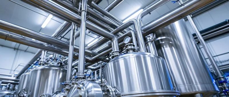 Stainless steel tanks and pipes in a modern beverage processing plant interior