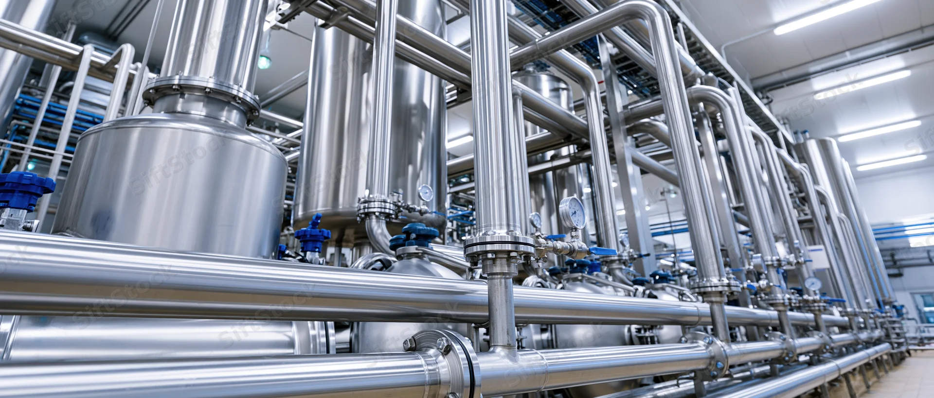 Stainless steel pipes and tanks in a modern dairy processing plant interior