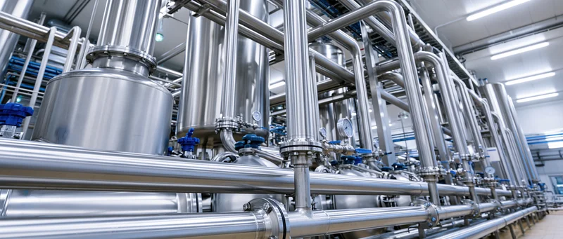 Stainless steel pipes and tanks in a modern dairy processing plant interior