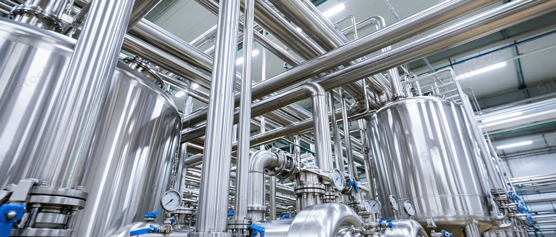 Stainless steel tanks and pipes in a modern dairy processing plant interior