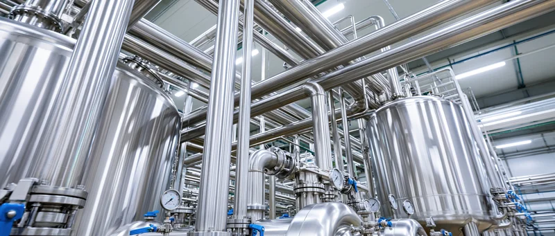 Stainless steel tanks and pipes in a modern dairy processing plant interior