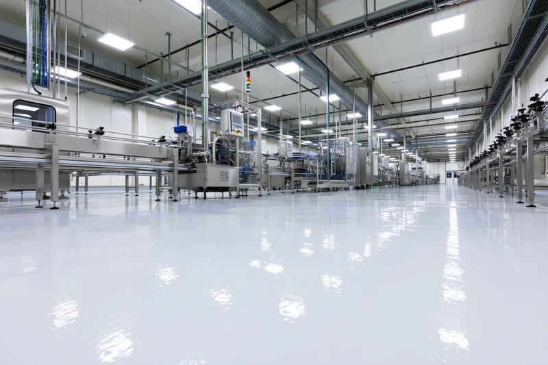 Interior of a modern food and beverage manufacturing plant with stainless steel machinery and automated production lines