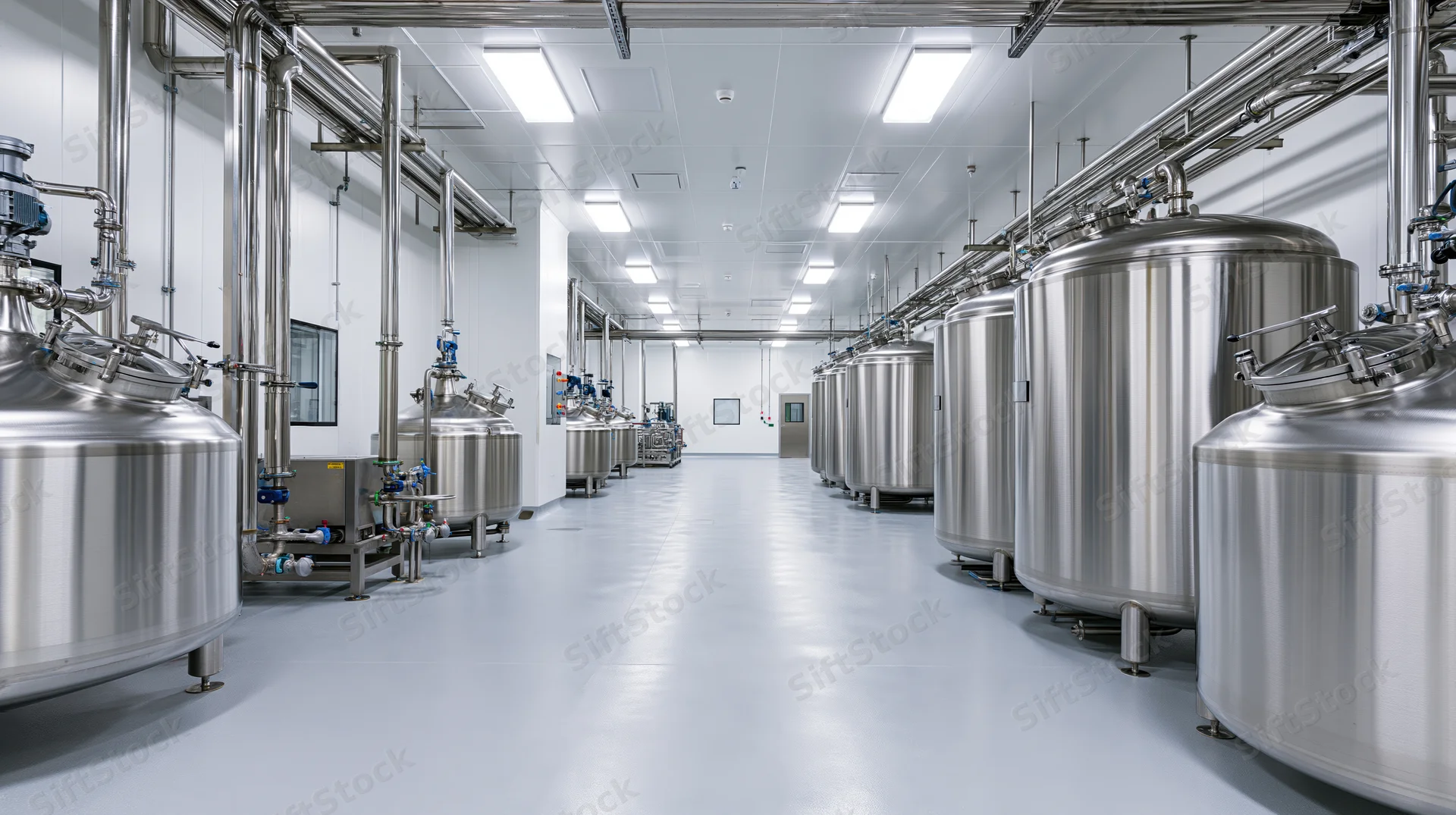 Rows of stainless steel fermentation tanks in a sterile industrial production facility