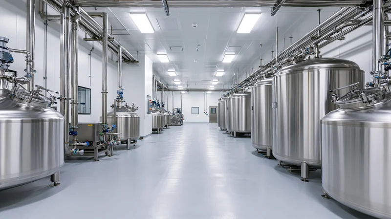 Rows of stainless steel fermentation tanks in a sterile industrial production facility