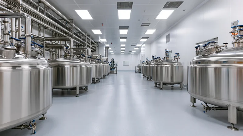 Rows of stainless steel fermentation tanks in a sterile industrial processing facility