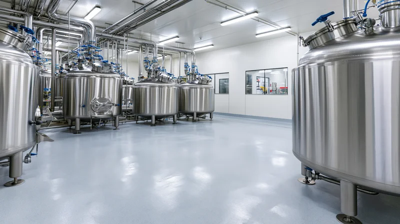 Stainless steel fermentation tanks in a clean industrial processing facility