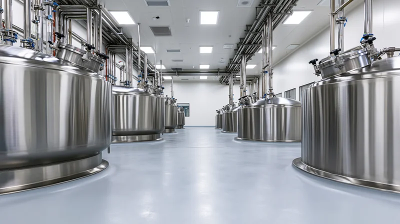 Rows of stainless steel fermentation tanks in a sterile industrial processing facility