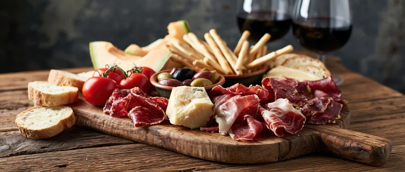 Italian charcuterie spread with cured meats, cheeses, bread, and wine on a rustic wooden board