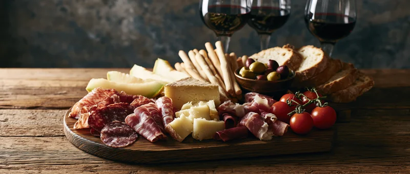Charcuterie board with cheese, cured meats, bread, olives and wine on a rustic wooden table
