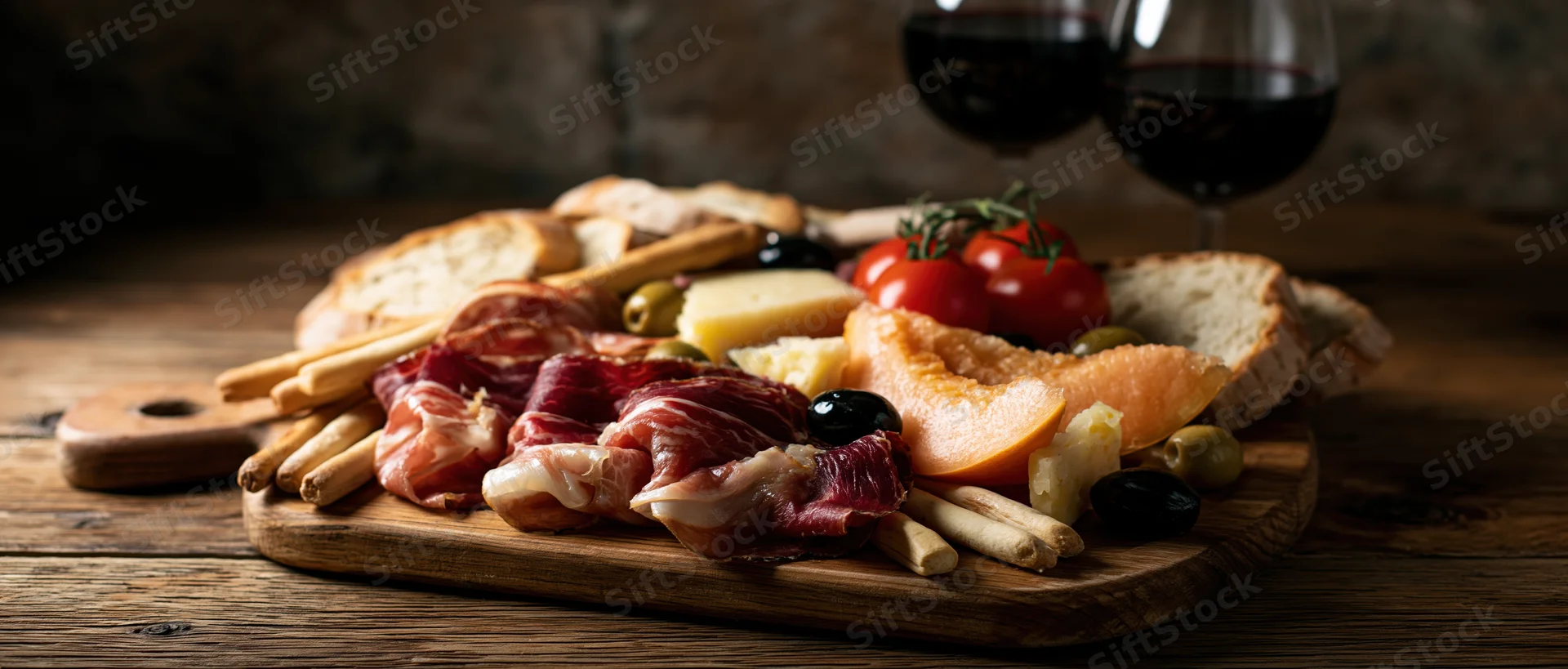 Italian charcuterie spread with cured meats, cheese, bread, olives and wine on a rustic wooden board