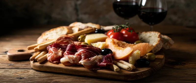 Italian charcuterie spread with cured meats, cheese, bread, olives and wine on a rustic wooden board