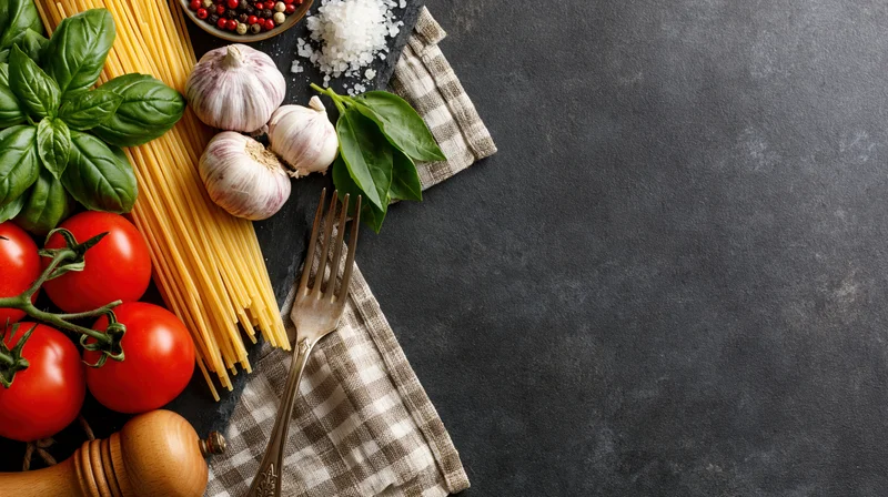 Italian cooking ingredients arranged on dark surface with copyspace on right