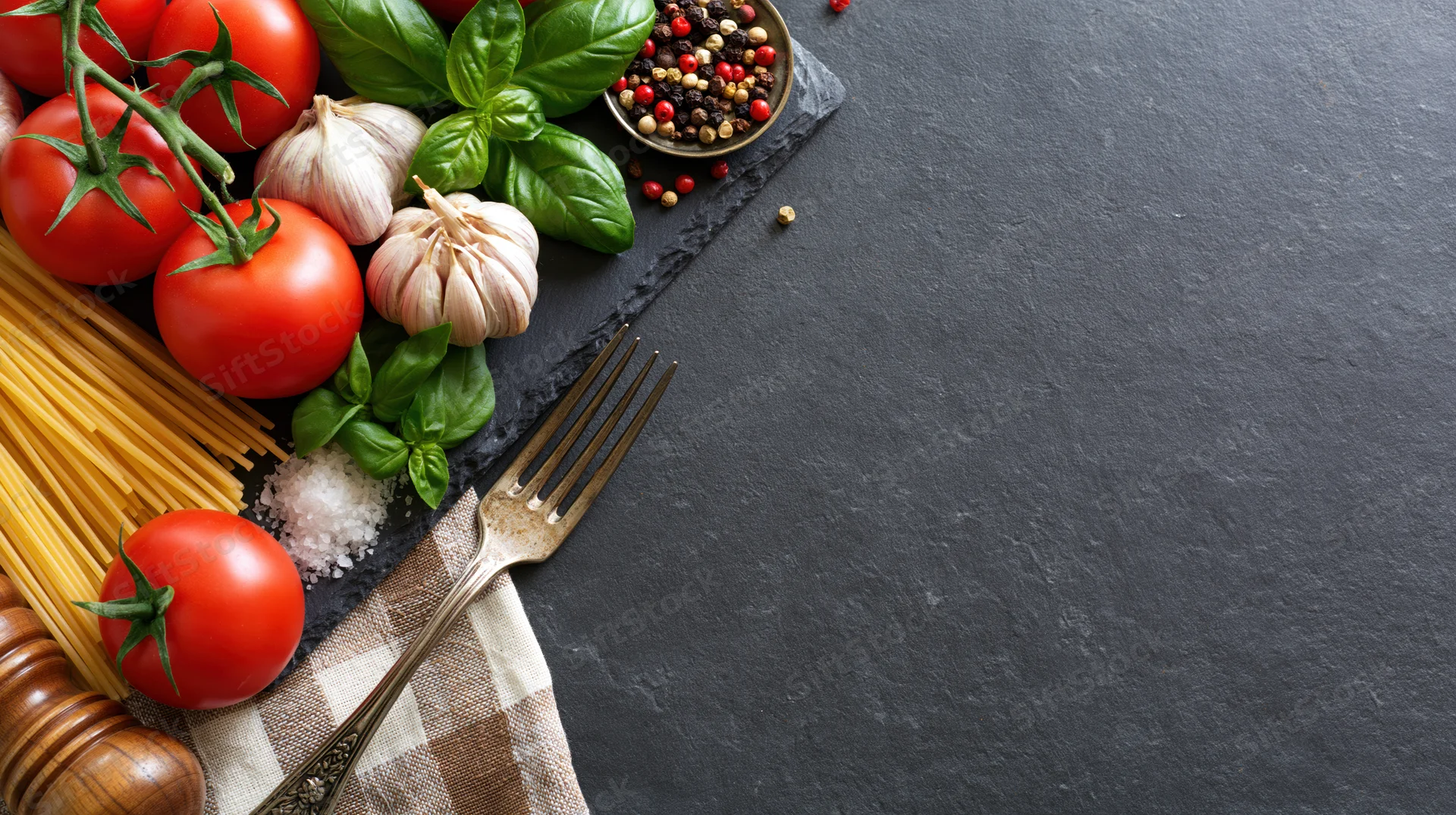 Fresh italian cooking ingredients arranged on slate with fork and checkered cloth on dark surface