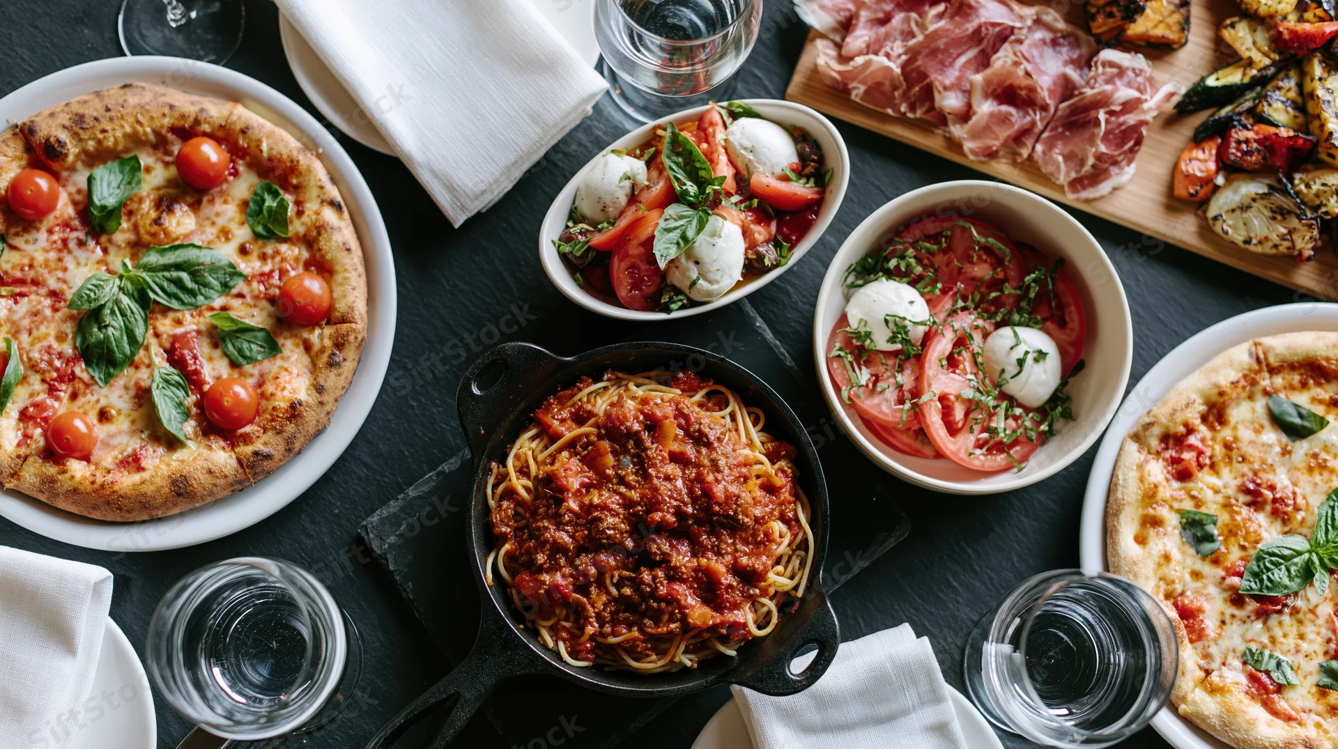 Italian feast spread across dark slate table with pizza, pasta, caprese salad, prosciutto and grilled vegetables overhead wide view