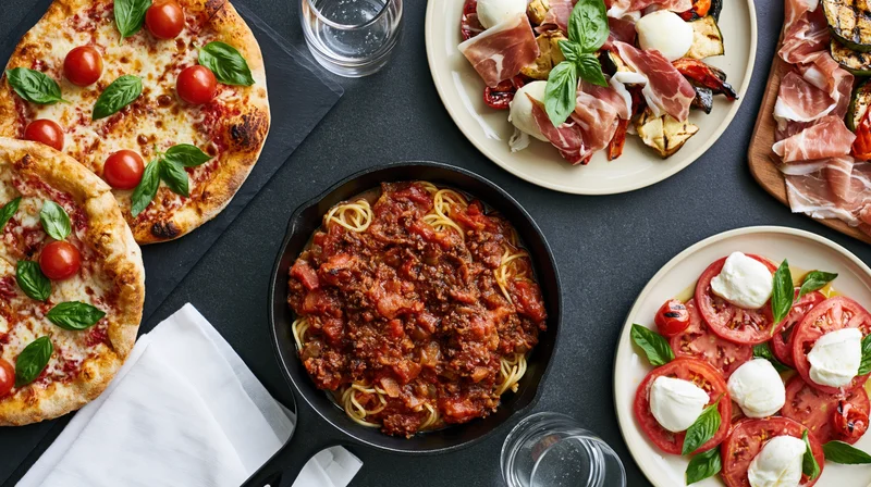 Italian feast spread across dark slate table overhead wide