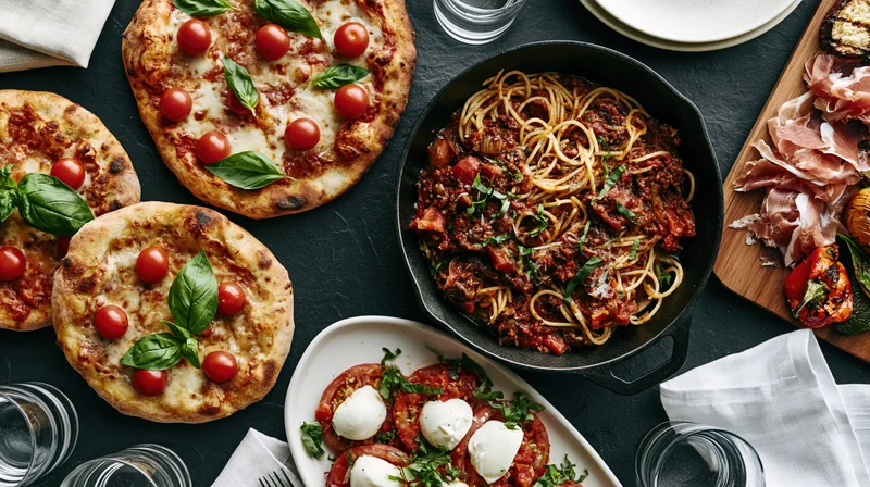 Italian feast spread across dark slate table overhead wide view
