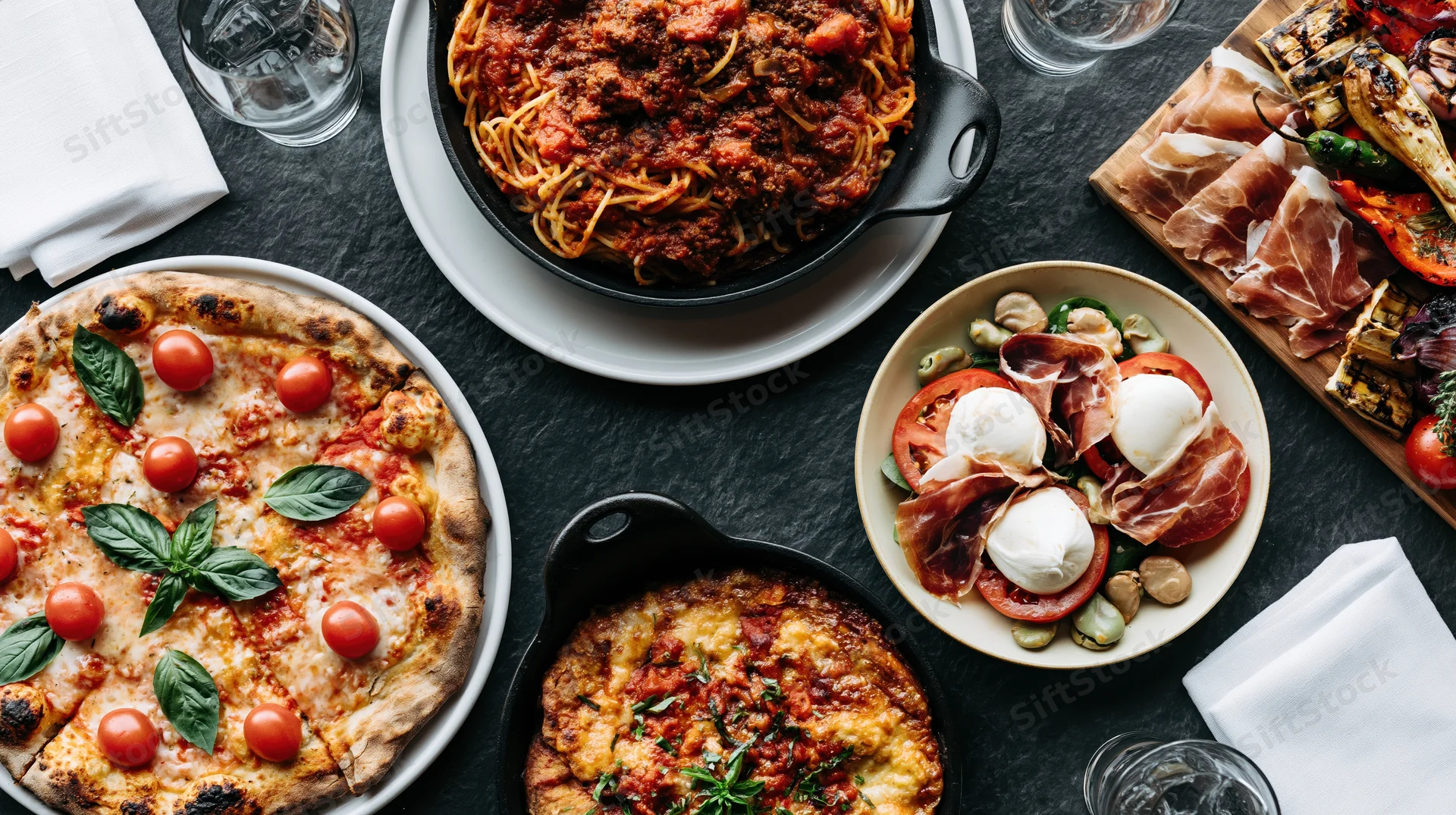 Italian feast spread across dark slate table overhead wide