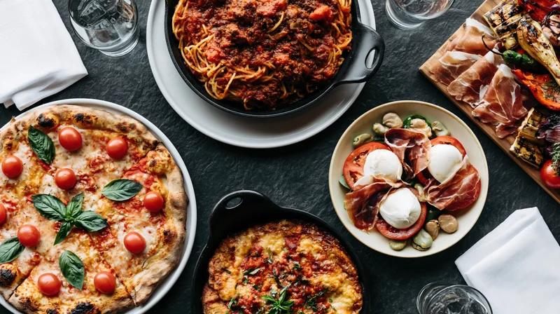 Italian feast spread across dark slate table overhead wide