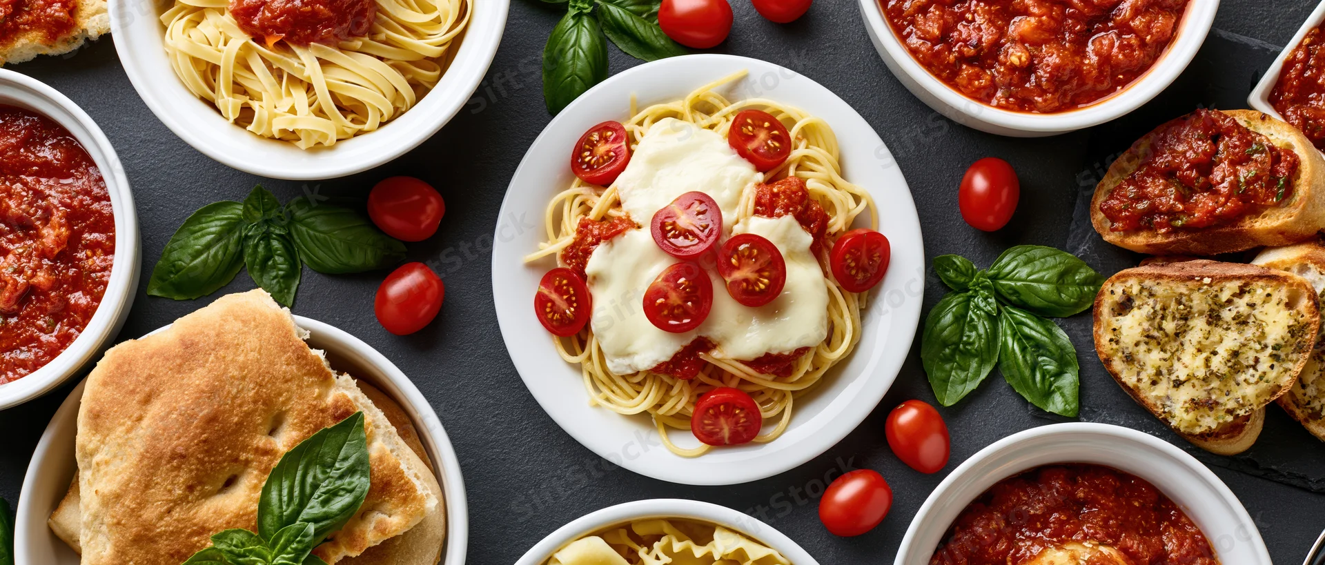 Spaghetti with mozzarella and cherry tomatoes on a dark slate table surrounded by Italian dishes including bruschetta, sauce, and bread