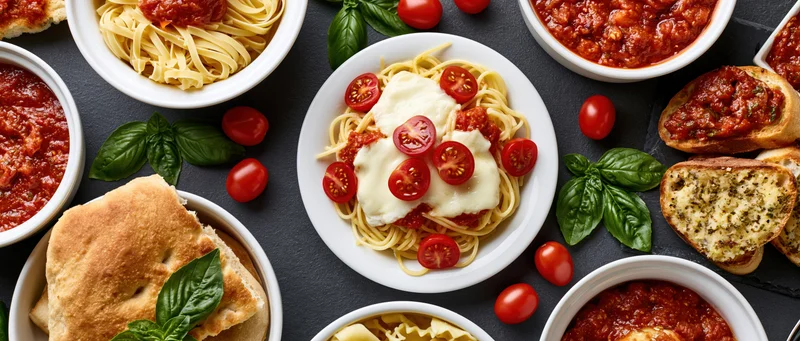 Spaghetti with mozzarella and cherry tomatoes on a dark slate table surrounded by Italian dishes including bruschetta, sauce, and bread