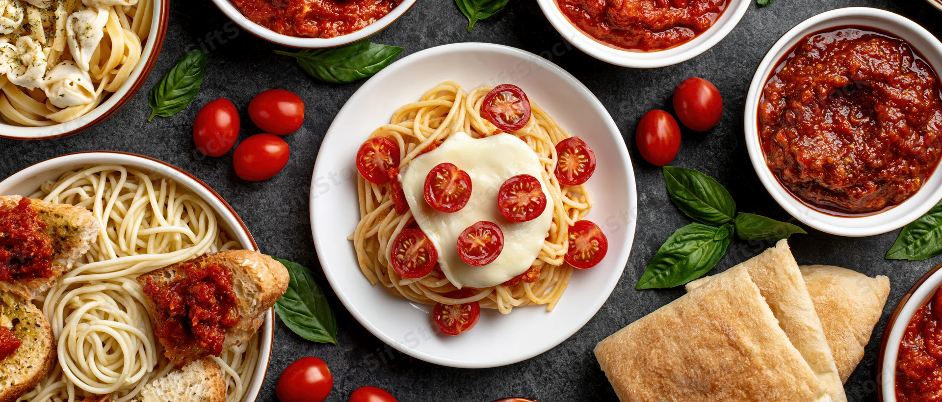 Spaghetti with mozzarella and cherry tomatoes served on a dark slate table surrounded by various Italian dishes including bolognese sauce, garlic bread, and fresh basil