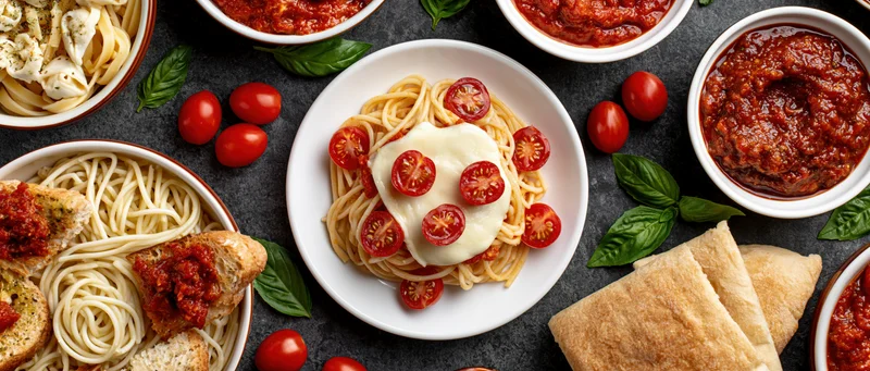 Spaghetti with mozzarella and cherry tomatoes served on a dark slate table surrounded by various Italian dishes including bolognese sauce, garlic bread, and fresh basil