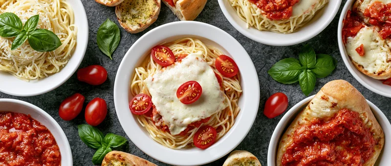 Multiple bowls of spaghetti with tomato sauce and cheese, garnished with basil and cherry tomatoes, arranged on a dark slate table with garlic bread and sauce bowls around