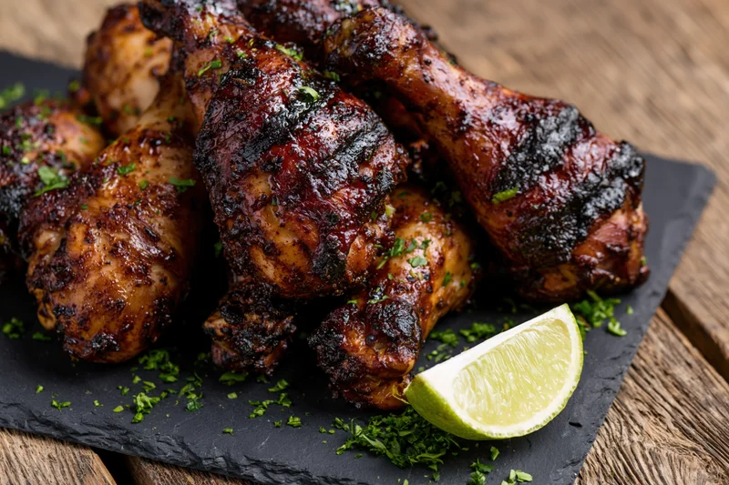 Grilled jerk-spiced chicken drumsticks piled on a dark slate plate with lime and herbs