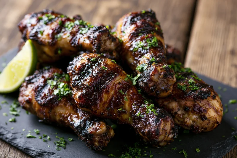 Grilled jerk-spiced chicken drumsticks piled on a dark slate plate with lime and parsley garnish