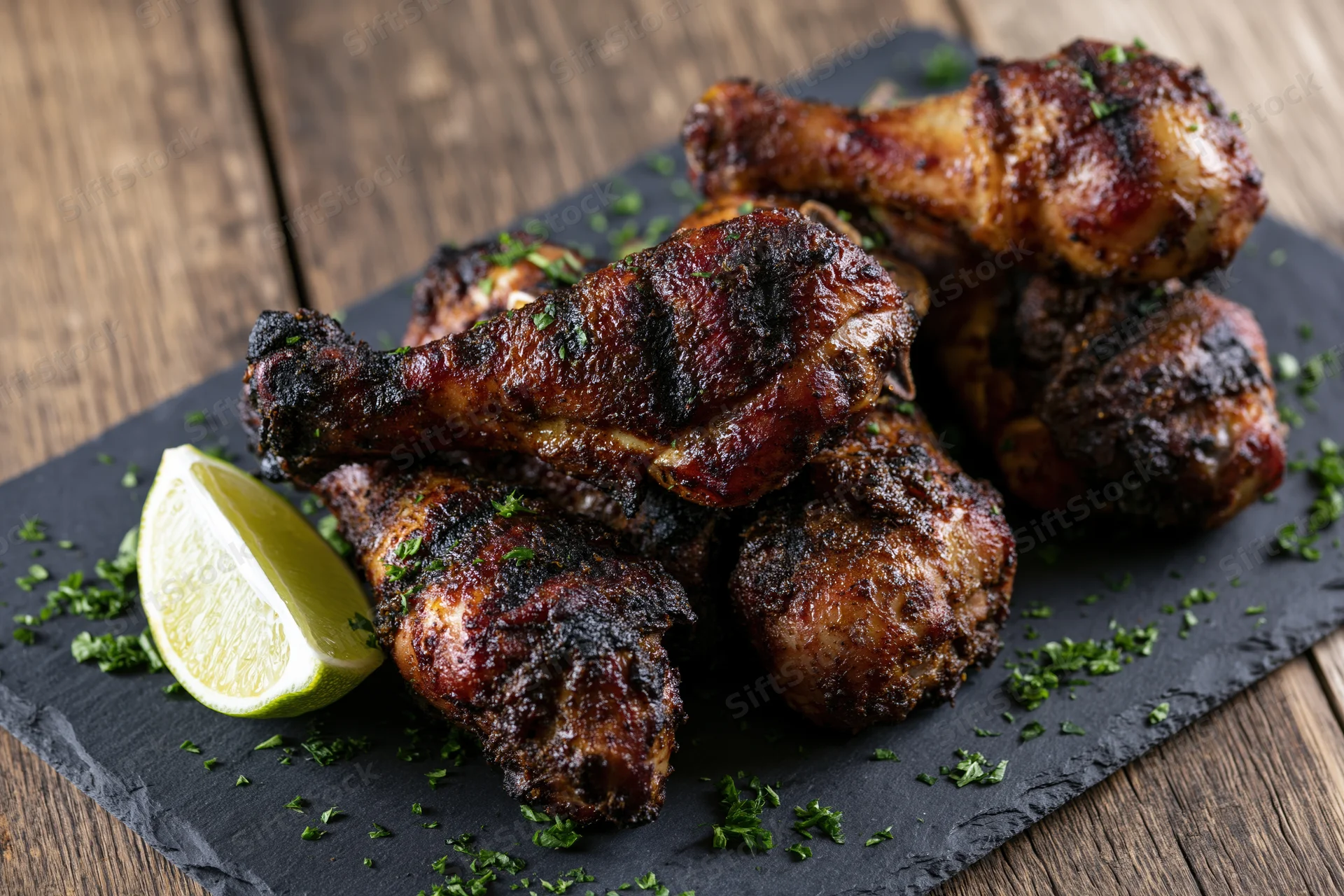 Grilled jerk-spiced chicken drumsticks piled on a dark slate platter with lime wedge and herbs
