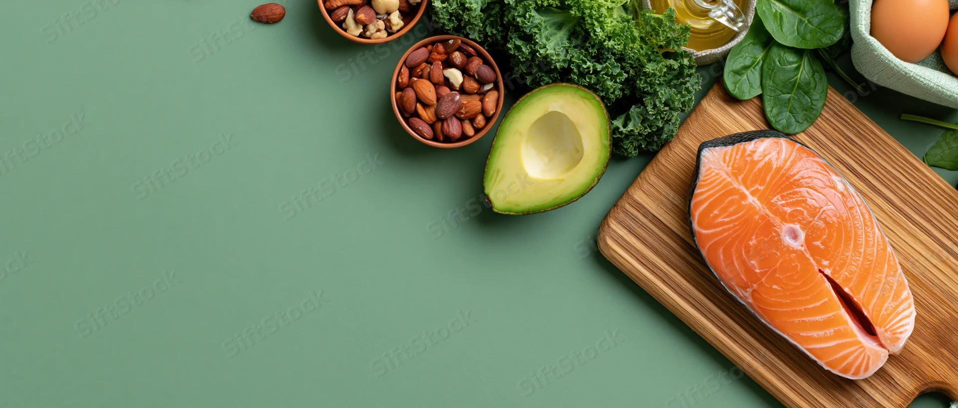 Salmon fillet and avocado on cutting board with nuts, kale, spinach, eggs and olive oil arranged on green surface