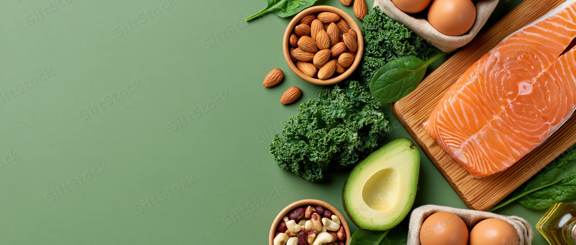 Keto diet food flat lay with salmon, avocado, kale, eggs and nuts arranged on right side of frame on green background