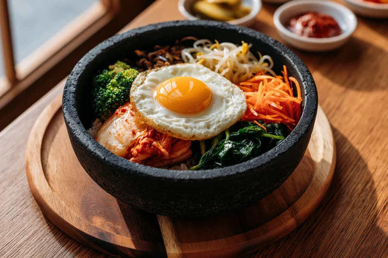 Korean bibimbap in a black stone dolsot bowl with vegetables and fried egg on wooden tray