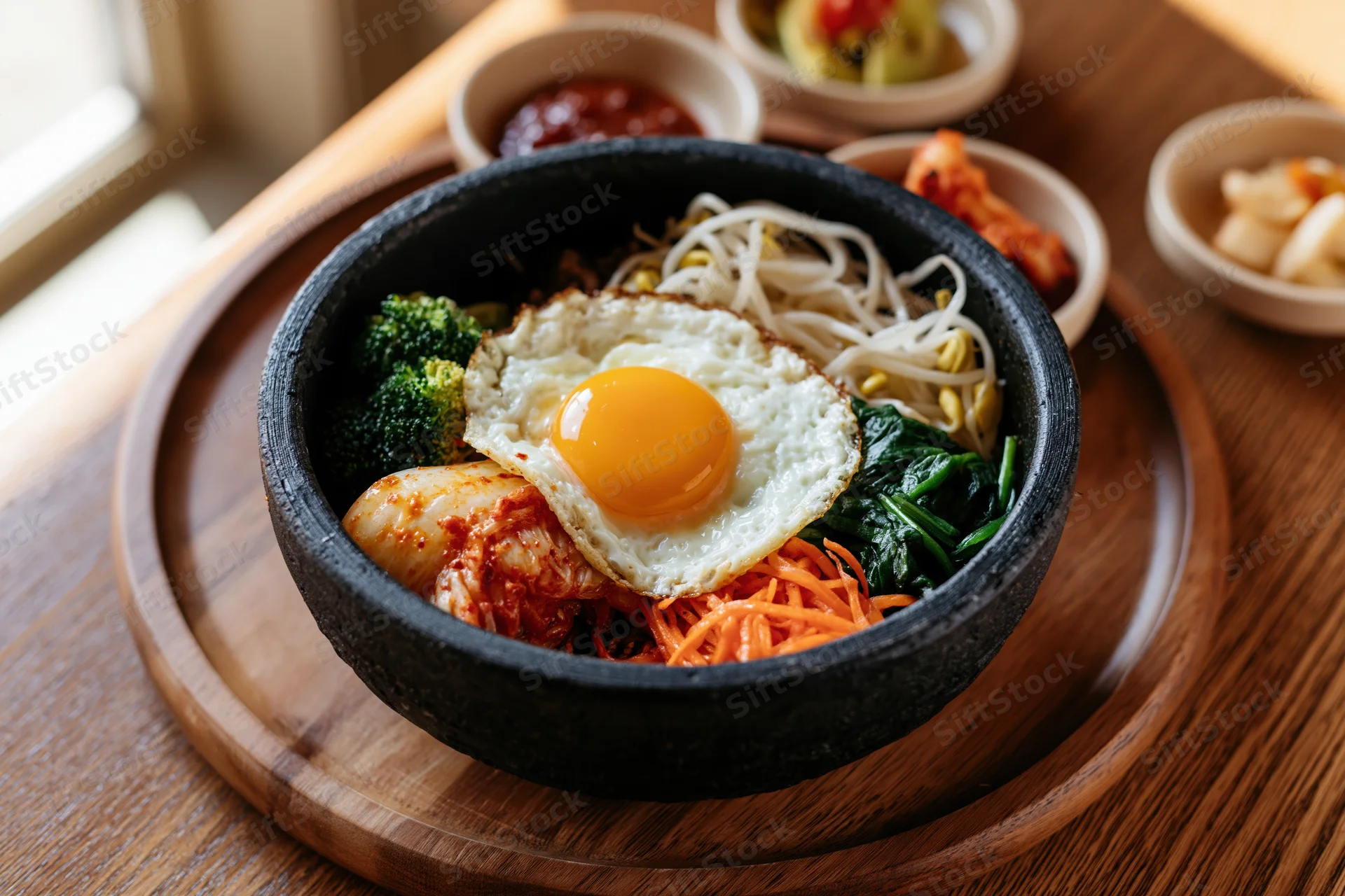Korean bibimbap in a black stone dolsot bowl with vegetables and fried egg on wooden tray