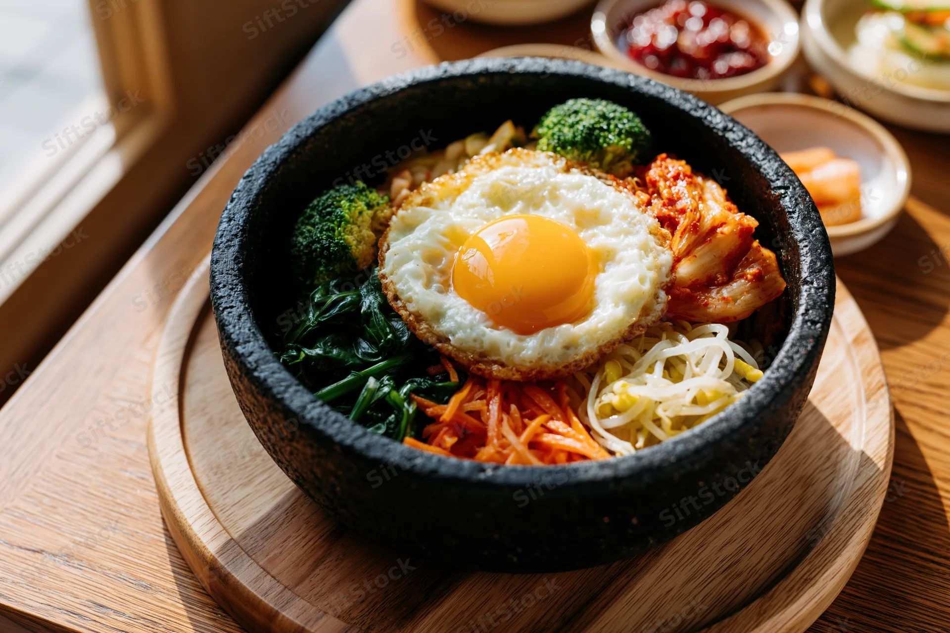 Korean bibimbap served in a black stone dolsot bowl with fried egg and vegetables on a wooden tray