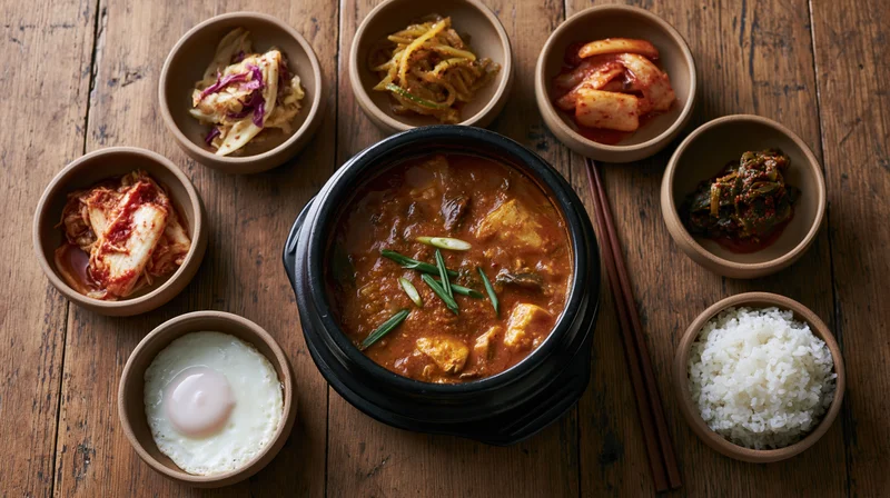 Doenjang jjigae in a black stone pot with side dishes arranged on a wooden table