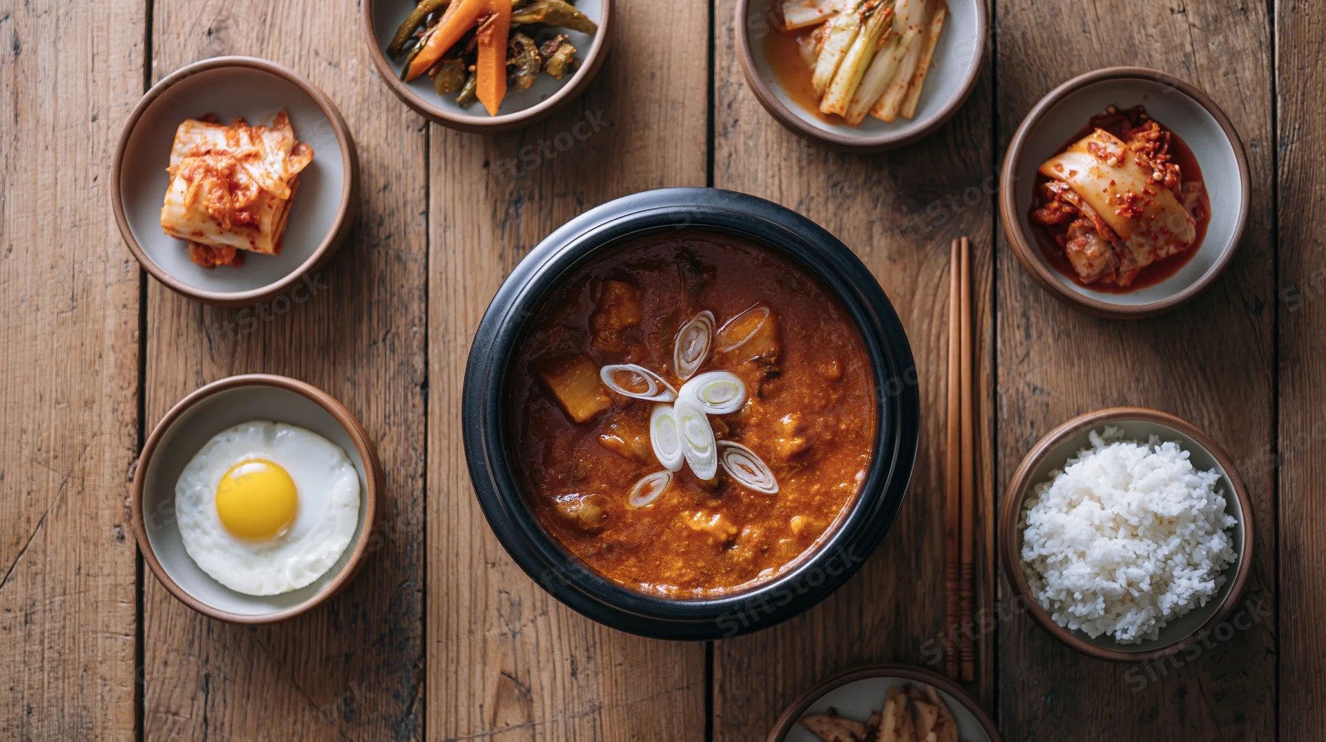 Doenjang jjigae in a black stone pot surrounded by side dishes on a wooden table