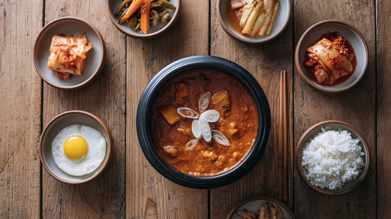 Doenjang jjigae in a black stone pot surrounded by side dishes on a wooden table