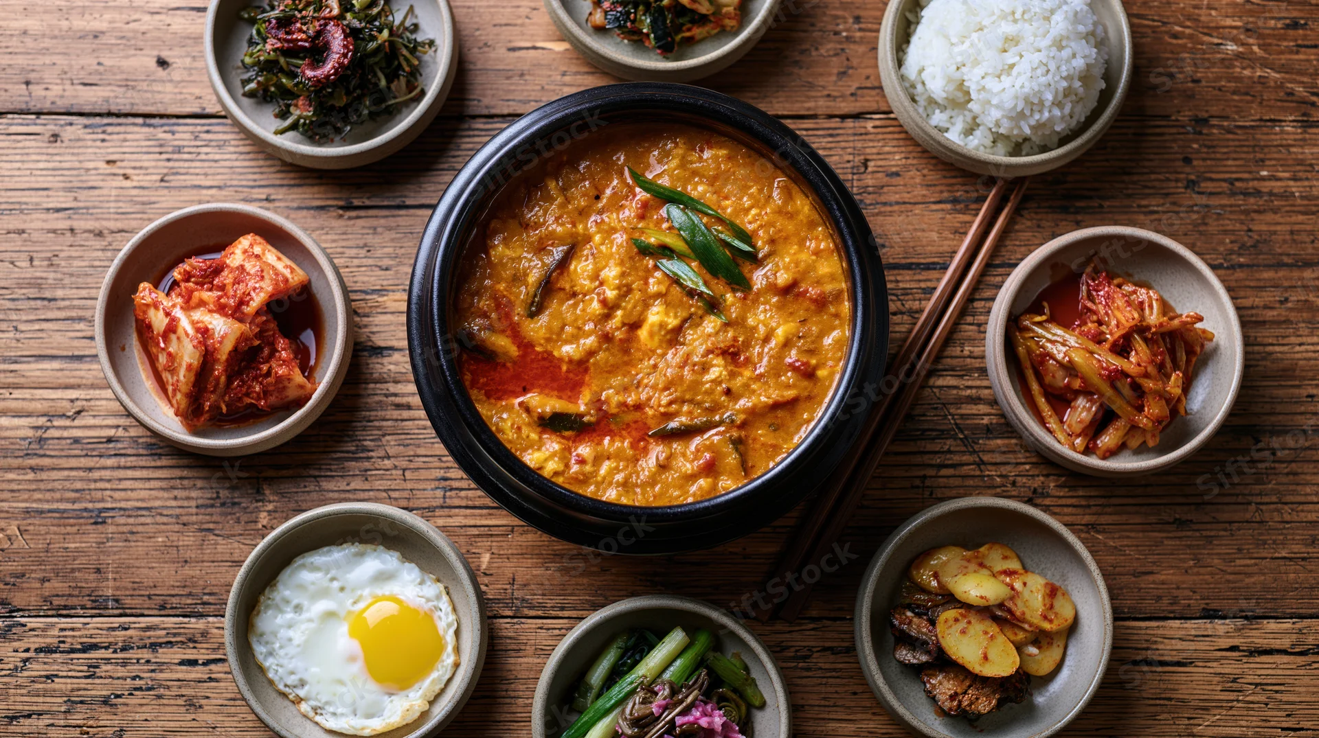 Doenjang jjigae in a black stone pot surrounded by side dishes on a wooden table