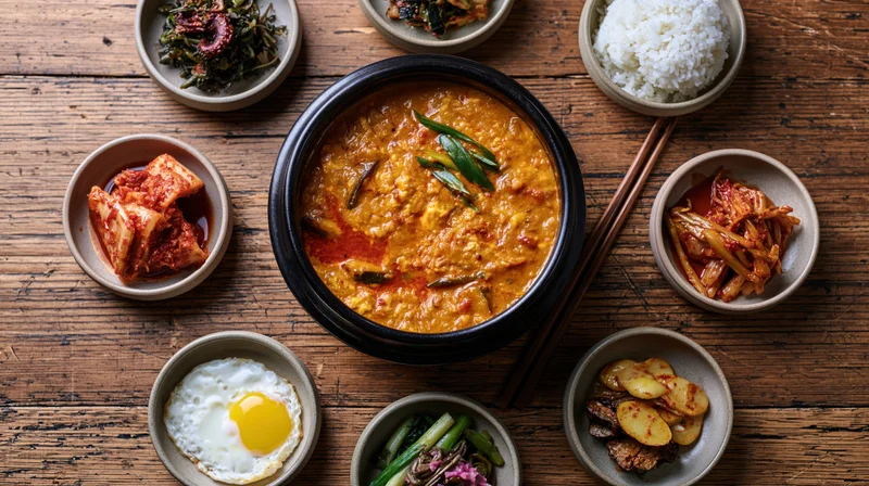 Doenjang jjigae in a black stone pot surrounded by side dishes on a wooden table