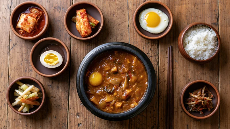 Korean doenjang jjigae in a black stone pot with side dishes arranged on a wooden table
