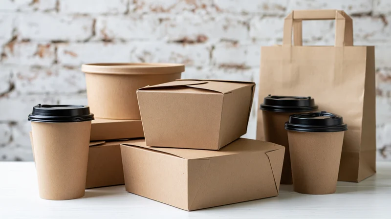 Kraft paper takeout containers and coffee cups arranged on a white surface against a brick wall