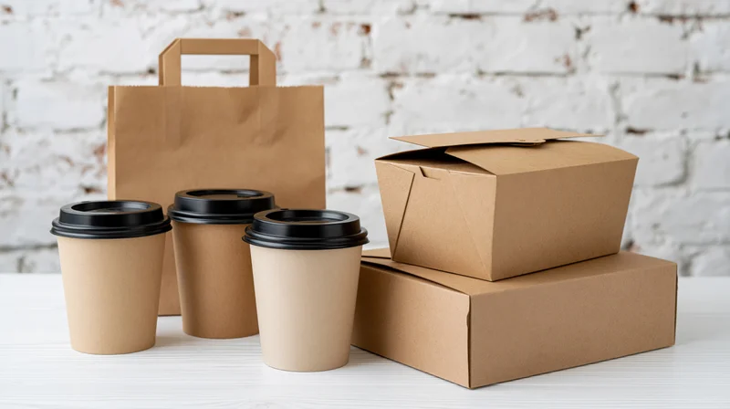 Kraft paper takeout packaging including coffee cups, food boxes and a bag arranged on a white surface against a brick wall