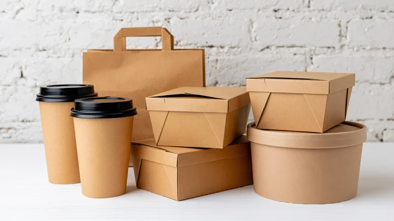 Kraft paper takeout packaging arranged on white surface with brick wall background